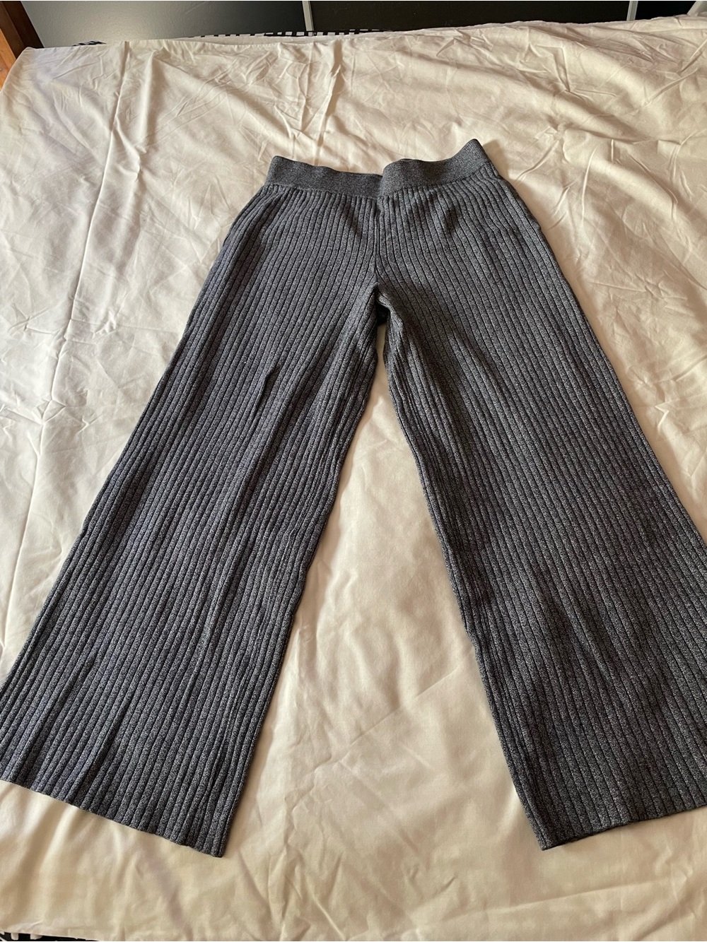 Women Ribbed Knit Wide-Leg Pants - Charcoal Gray